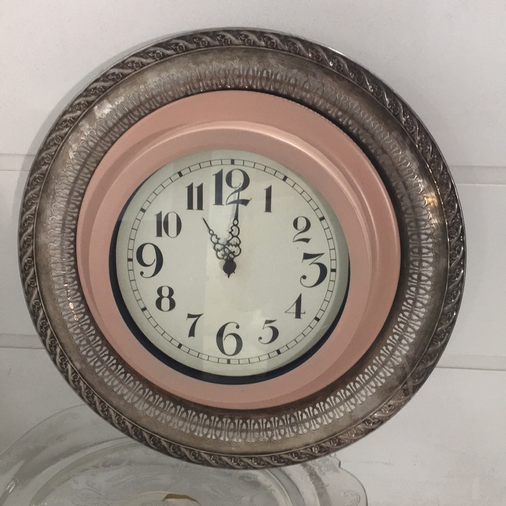 Repurposed filigree silver butlers tray with pink battery clock